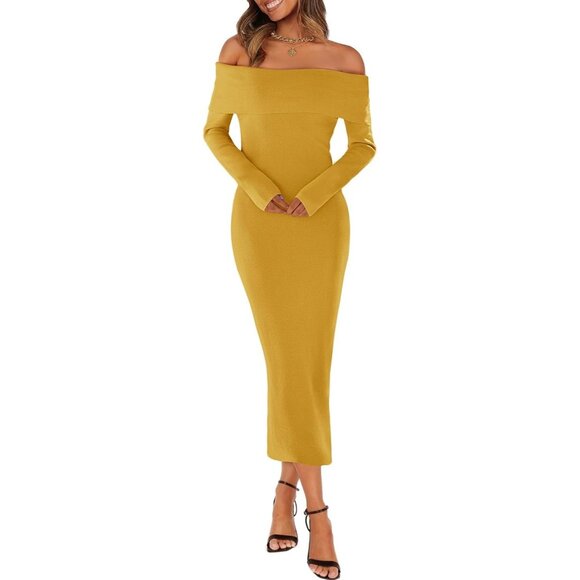 Women Off Shoulder Bodycon Sweater Dress Long Sleeve Party Midi Dress Ginger - Picture 2 of 9